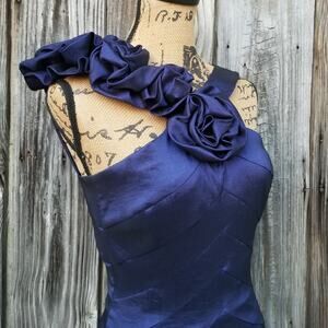 Ruffle Shoulder Cocktail Dress Cache Size 2 Sleeveless Blue Stretch Formal Rose